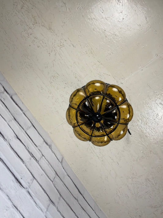 Vintage Flushmount Amber Glass Light Fixture