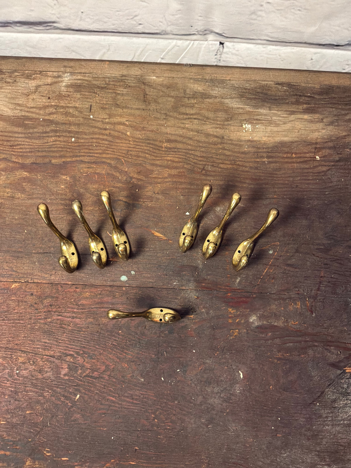 7 Vintage Solid Brass Coat Hooks