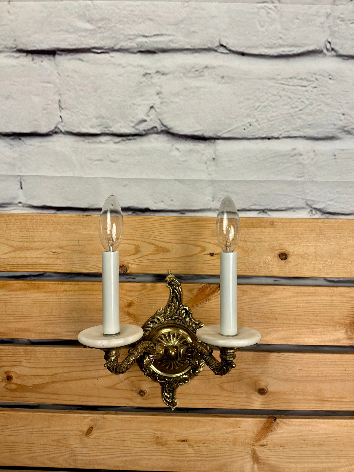 Antique Brass and Marble Candelabra Style Wall Sconce